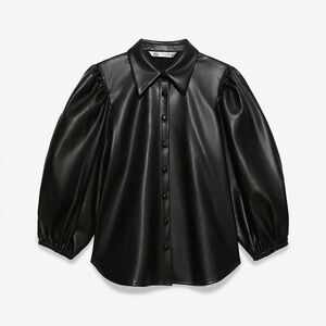 Zara Black Faux-Leather Button Down Blouse (XS)